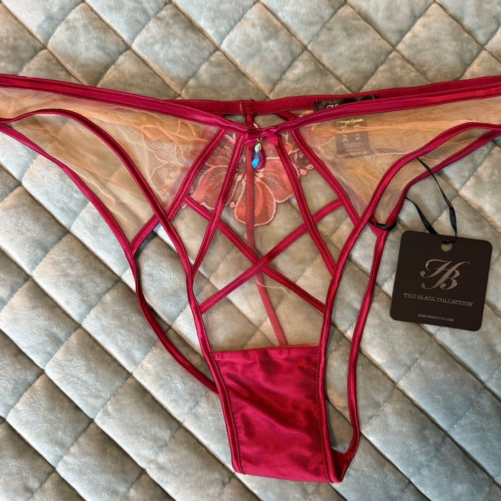 Honey Birdette Pink (Black Cherry) and Nude Floral Lace Panty (Brief)
